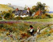 Children Playing On A Path Cottages Beyond - 威廉·史蒂芬·科尔曼